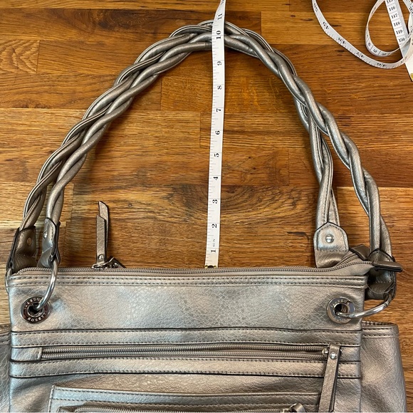 Rosetti Silver Metallic Satchel Shoulder Bag Faux Leather Braided Straps - Picture 6 of 14
